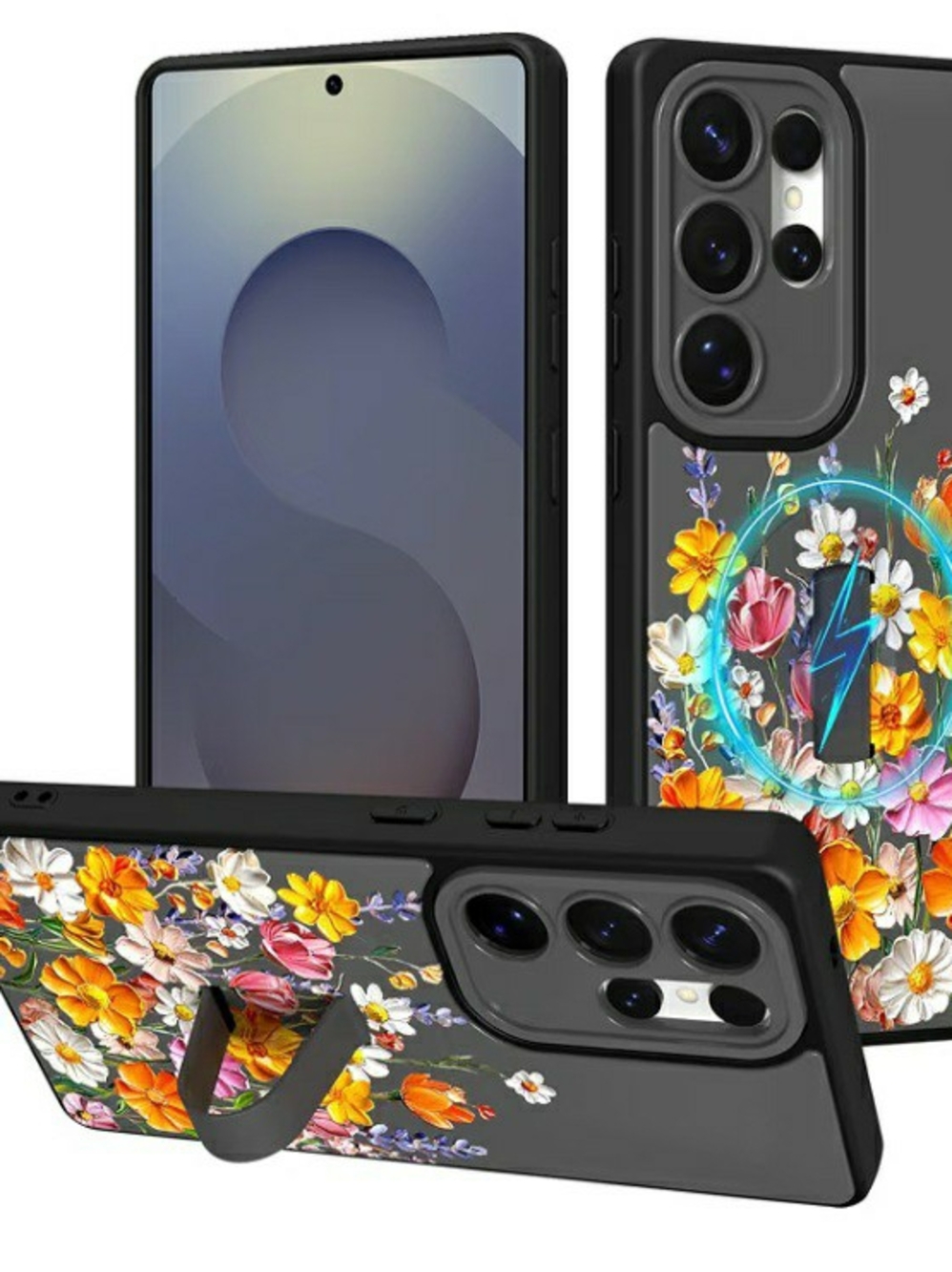 Beautiful Floral Electric Ring Grip Phone Case - Grey